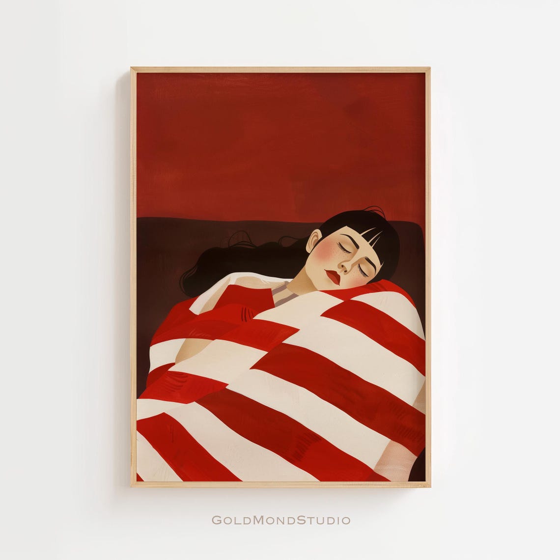 Sleeping Woman Wrapped In Bold Red Striped Blanket Art Poster