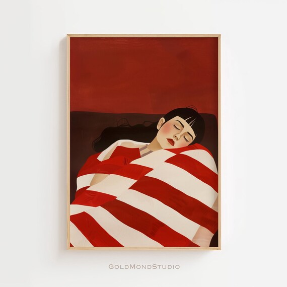 Sleeping Woman Wrapped In Bold Red Striped Blanket Art Poster