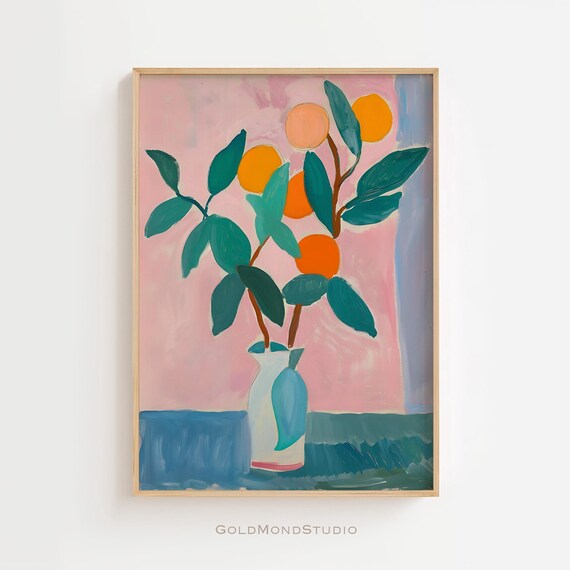 Matisse Style Orange Branch with Green Leaves on Pink and Blue Poster
