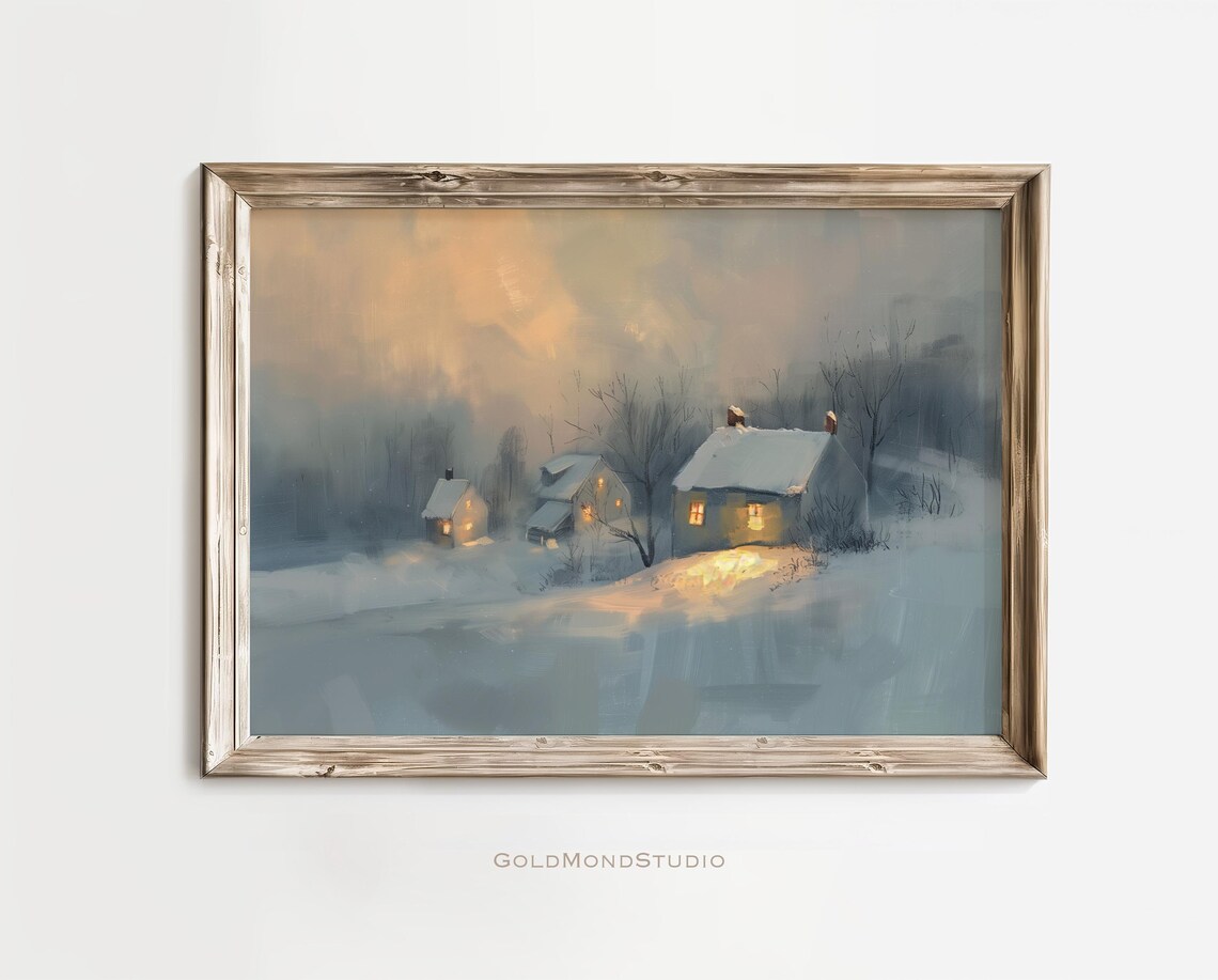 Snowy Winter Village Dusk Cozy Cabin Vintage Oil Painting Poster