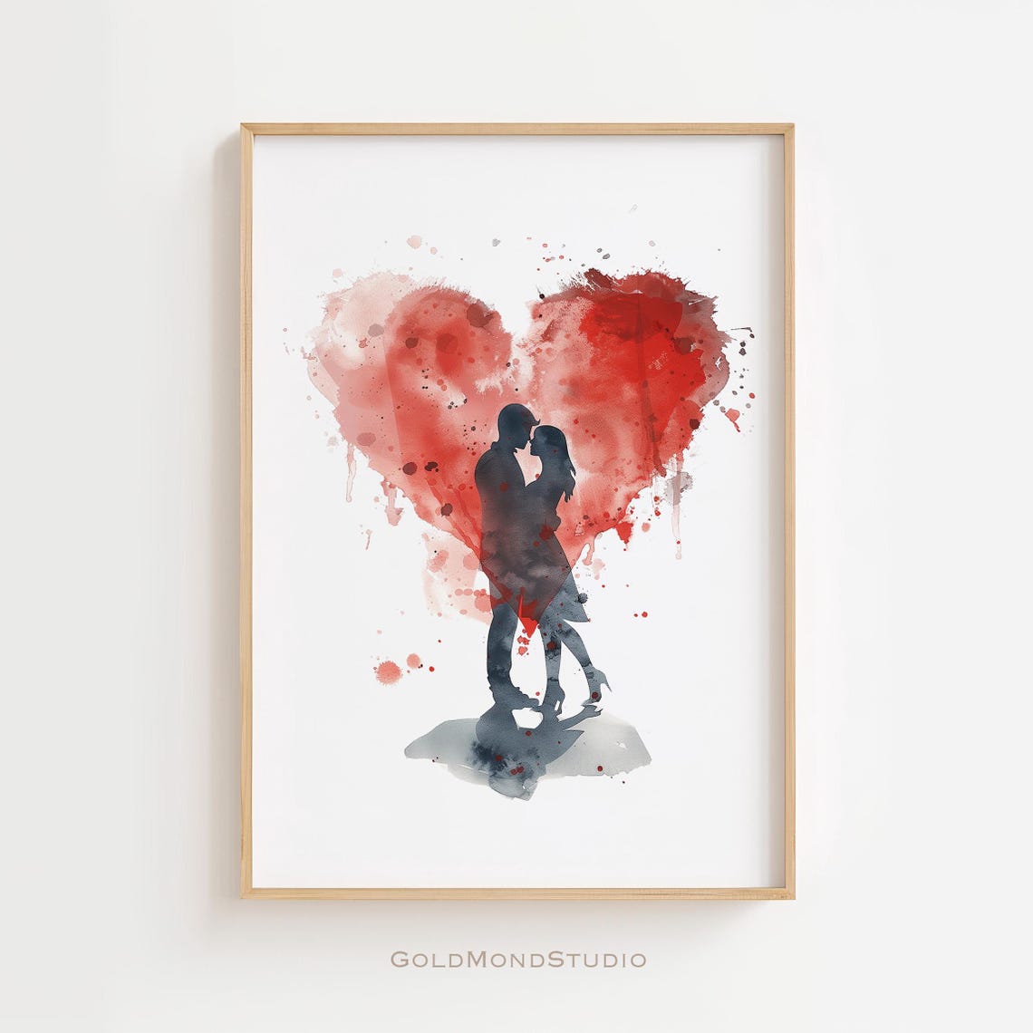 Romantic Couple Silhouette Before Red Watercolor Heart Poster