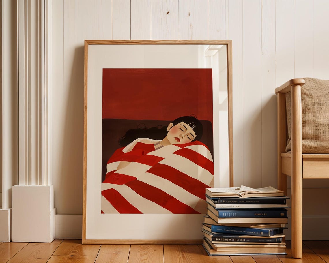 Sleeping Woman Wrapped In Bold Red Striped Blanket Art Poster - Image 3