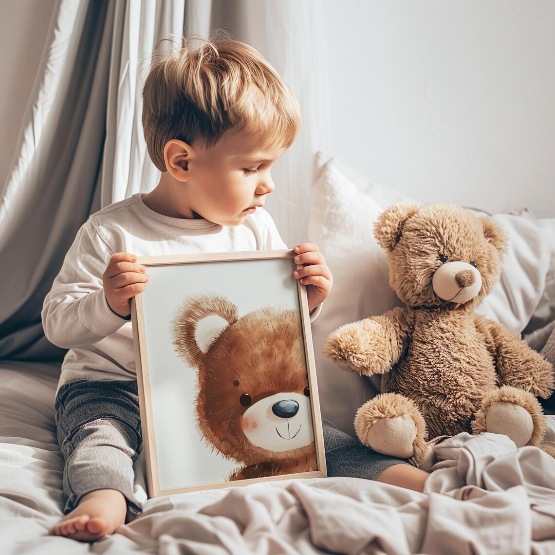 Cute Brown Teddy Bear Face in Soft Watercolor Nursery Art Poster - Image 3