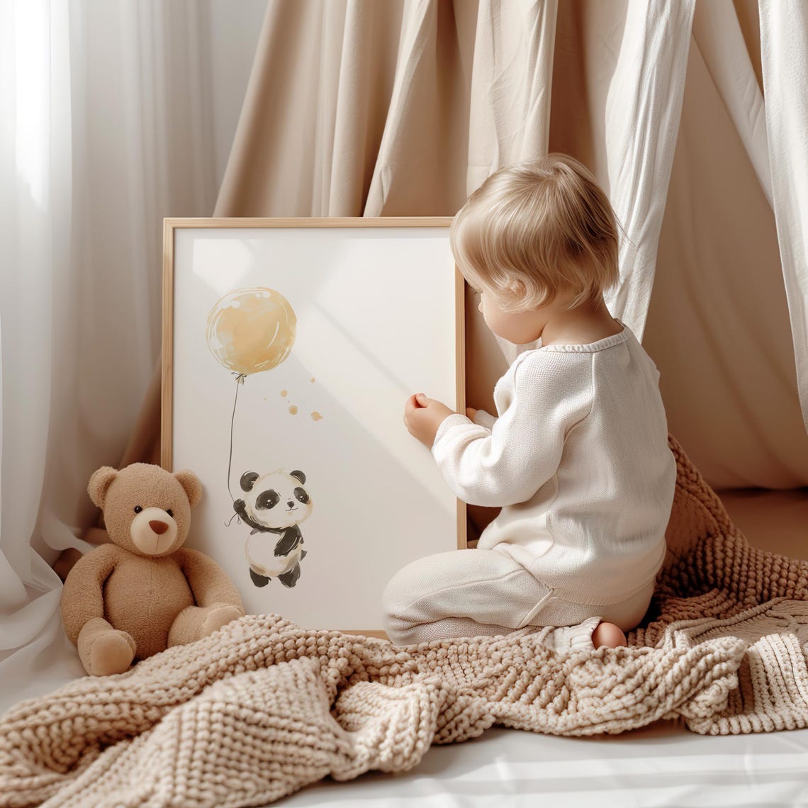 Floating Baby Panda with a Beige Balloon in Soft Watercolor Poster - Image 2