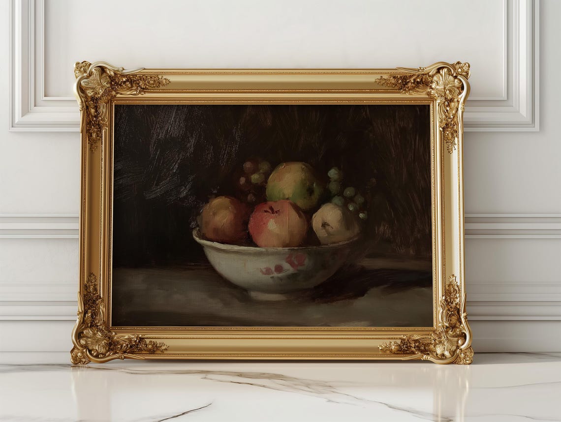 Dark Moody Fruit Bowl Ceramic Vintage Still Life Kitchen Poster - Image 2