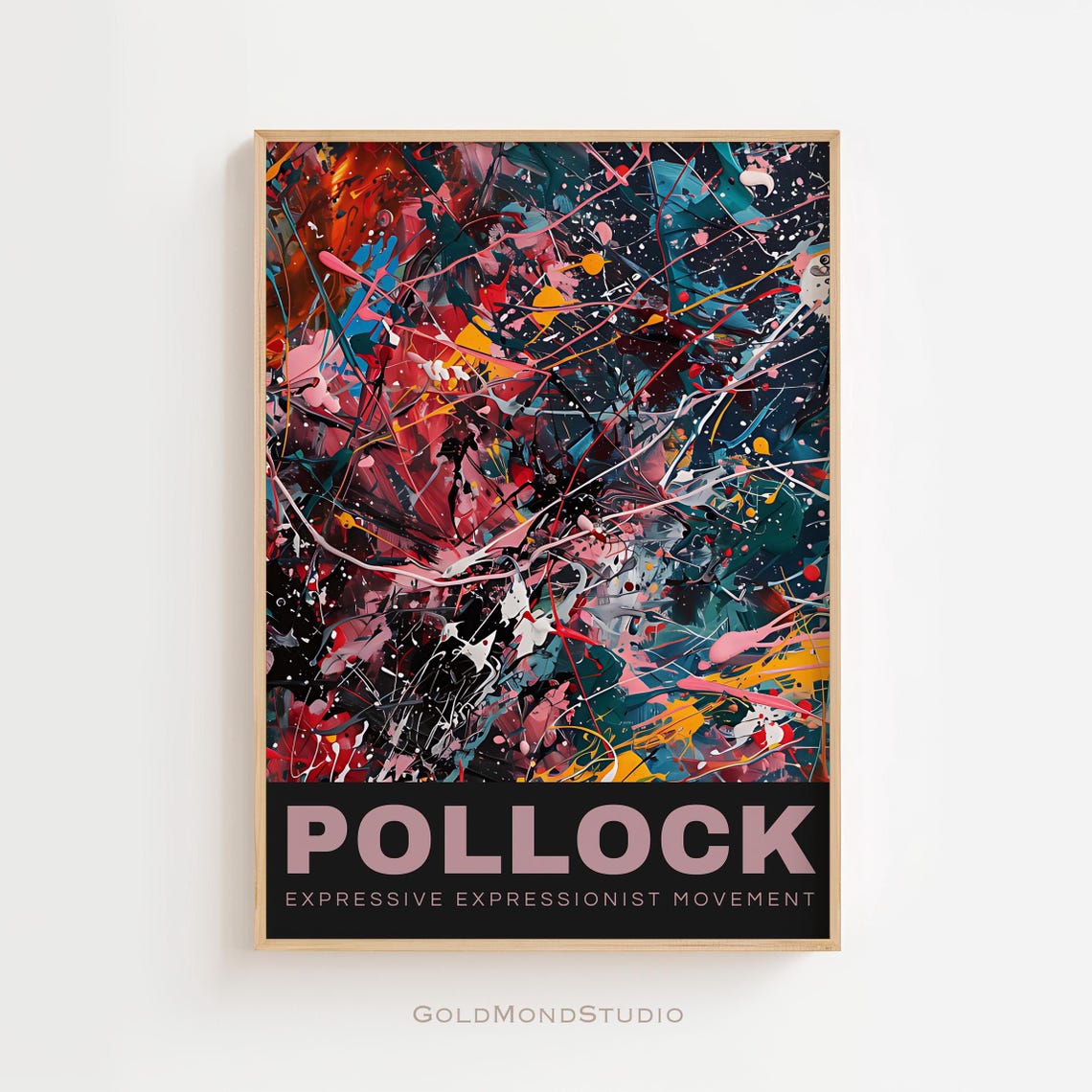 Pollock Multicolor Splatter Abstract Poster with Pink Lettering Band