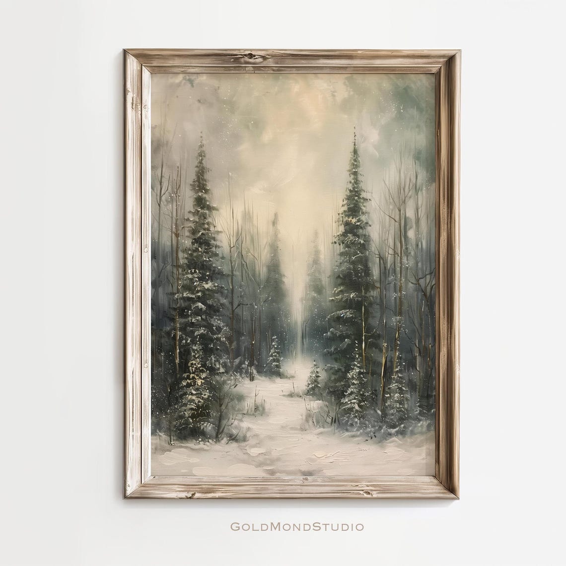 Serene Misty Winter Pine Forest With Snowy Path Painting Poster