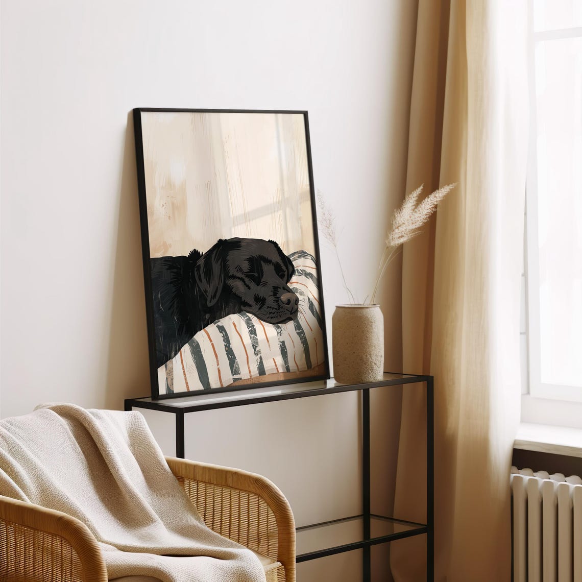 Sleeping Black Labrador Dog On Striped Pillow Vintage Art Poster - Image 3