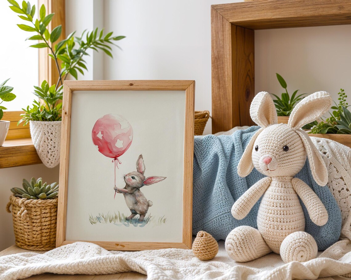 Baby Bunny Red Balloon Watercolor Cute Nursery Decor Wall Poster - Image 3