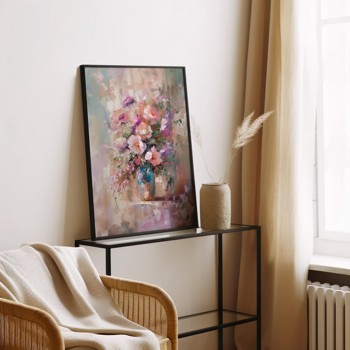 Impressionist Pink and Purple Bouquet in a Blue Glass Vase Poster - Image 2