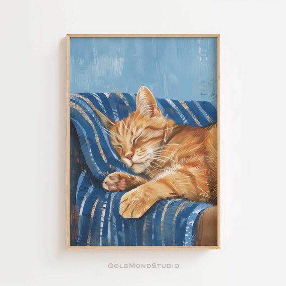 Sleeping Orange Tabby Cat On Blue Striped Pillow Decor Poster