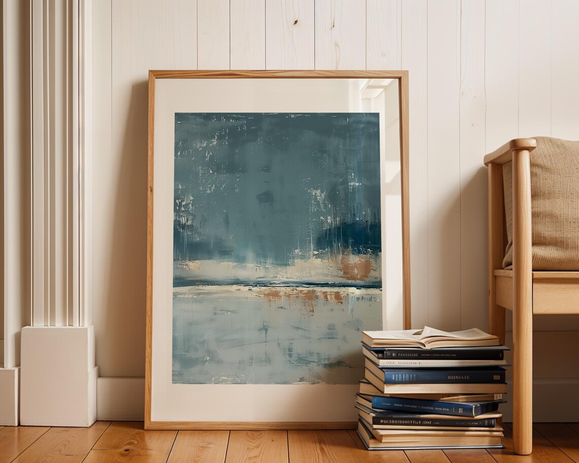 Moody Textured Teal Blue Abstract Ocean Horizon Painting Poster - Image 2