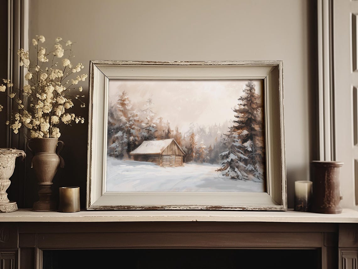 Snow Covered Log Cabin Among Tall Pine Trees Winter Scene Poster - Image 3