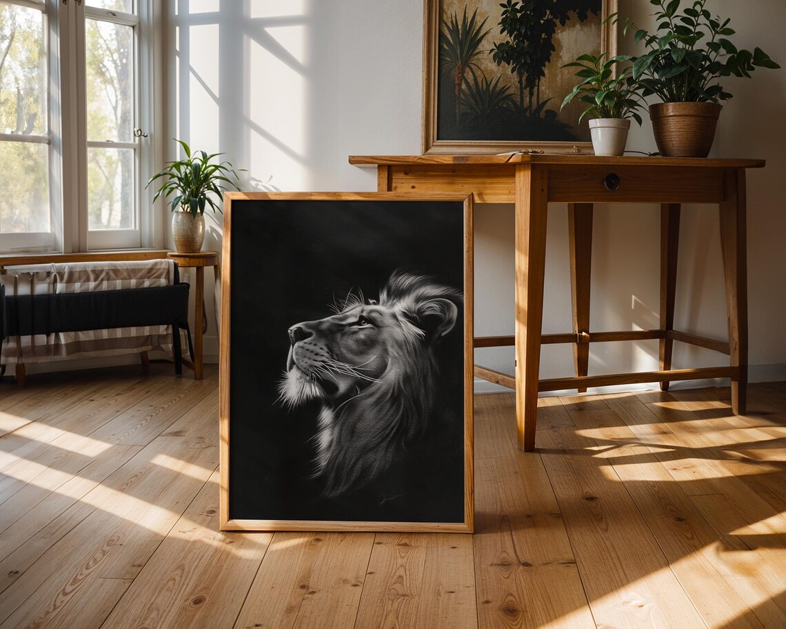 Dramatic Black and White Lion Portrait Gazing Upward in the Dark Poster - Image 2