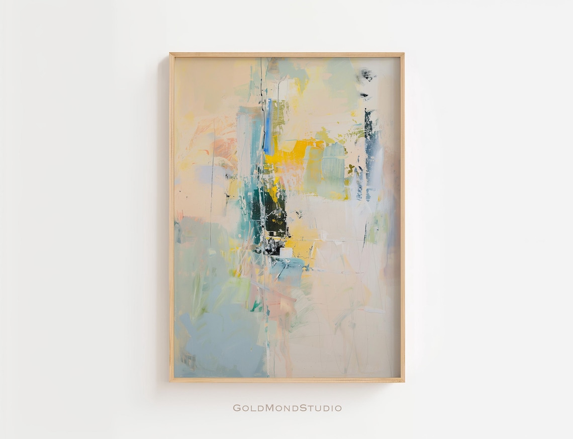 Soft Cream Blue Yellow Abstract Brushstroke Minimalist Poster