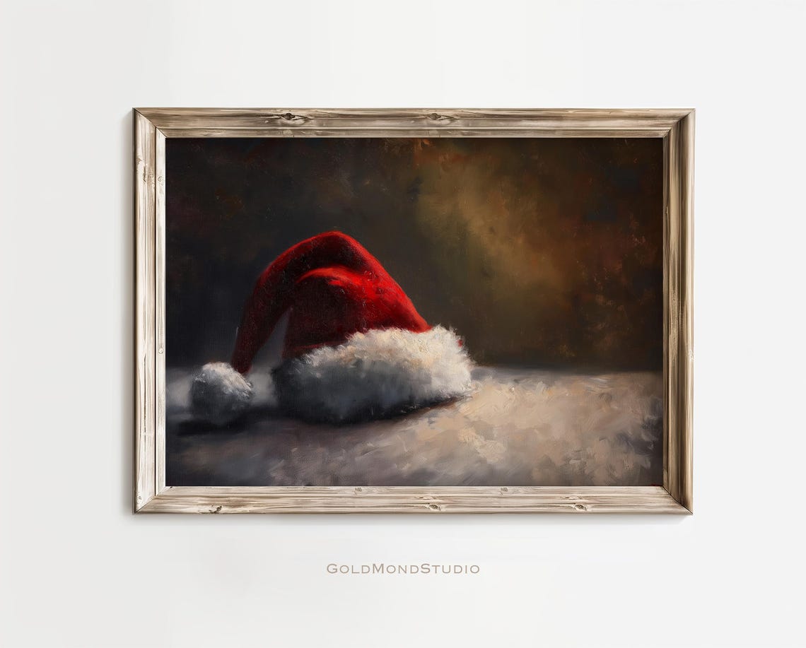 Vintage Red Santa Hat Still Life Dark Christmas Painting Poster
