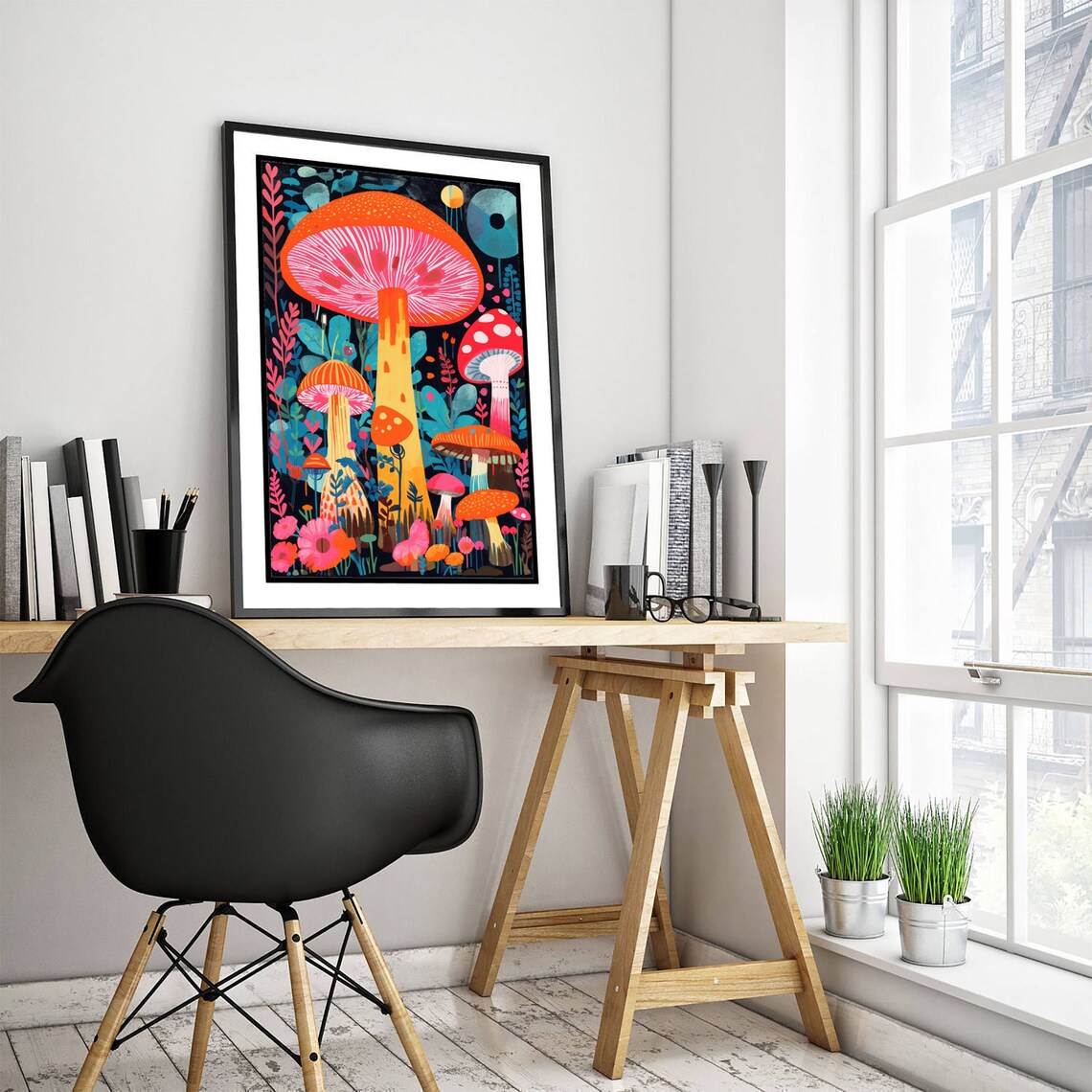 Psychedelic Neon Mushroom Forest Trippy Fungi Illustration Poster - Image 3