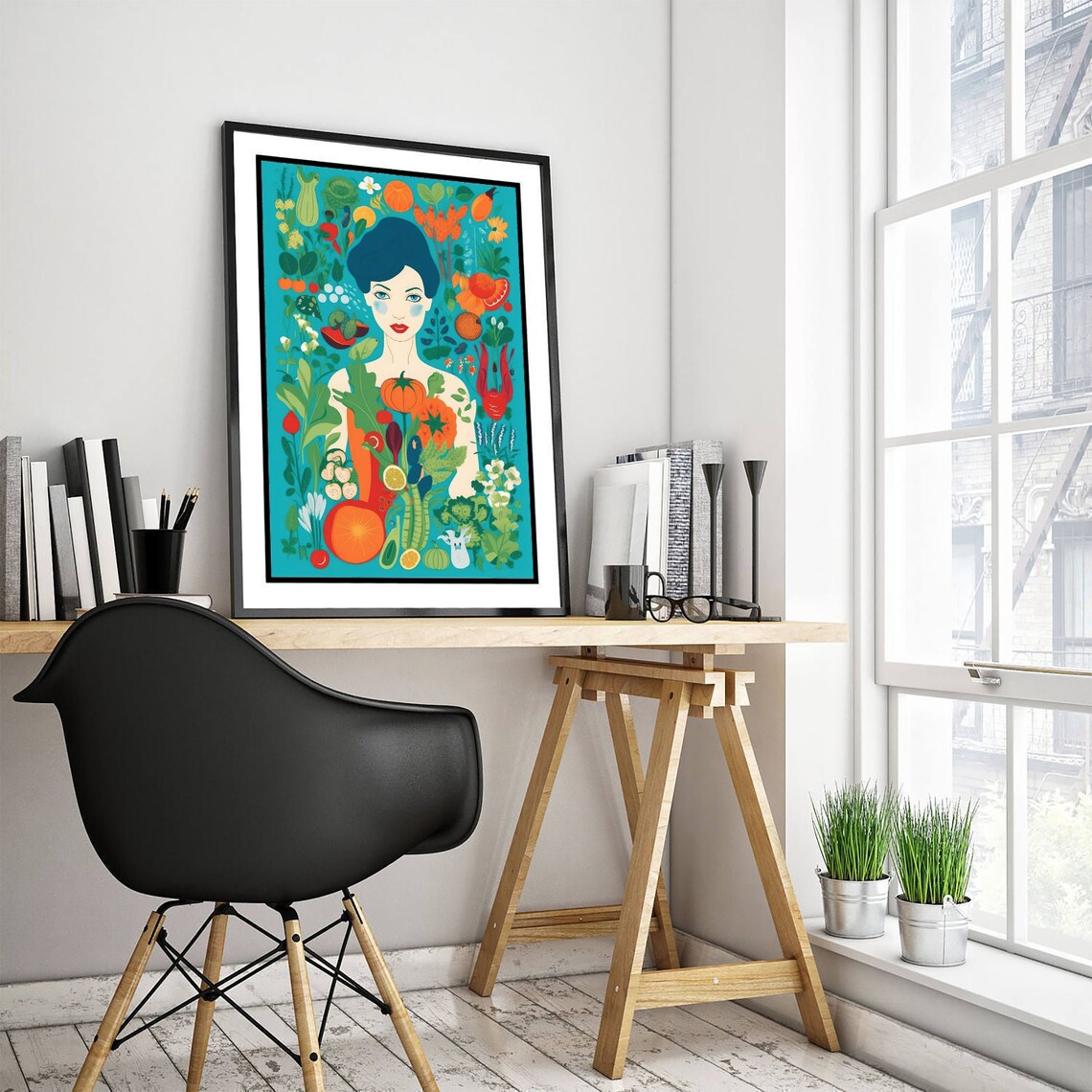 Vegan Woman Surrounded By Fresh Produce Botanical Style Poster - Image 3