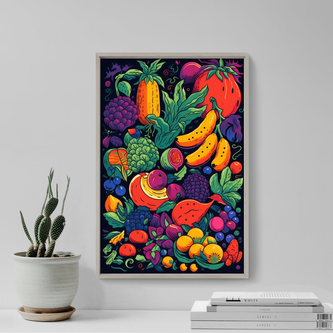 Vibrant Fruit And Vegetable Harvest Dark Background Art Poster