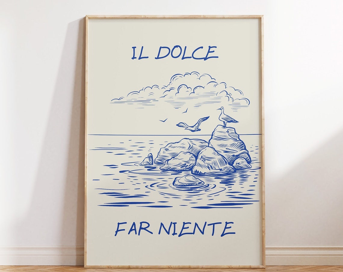 Il Dolce Far Niente Italian Coastal Rocks Seagull Line Art Poster