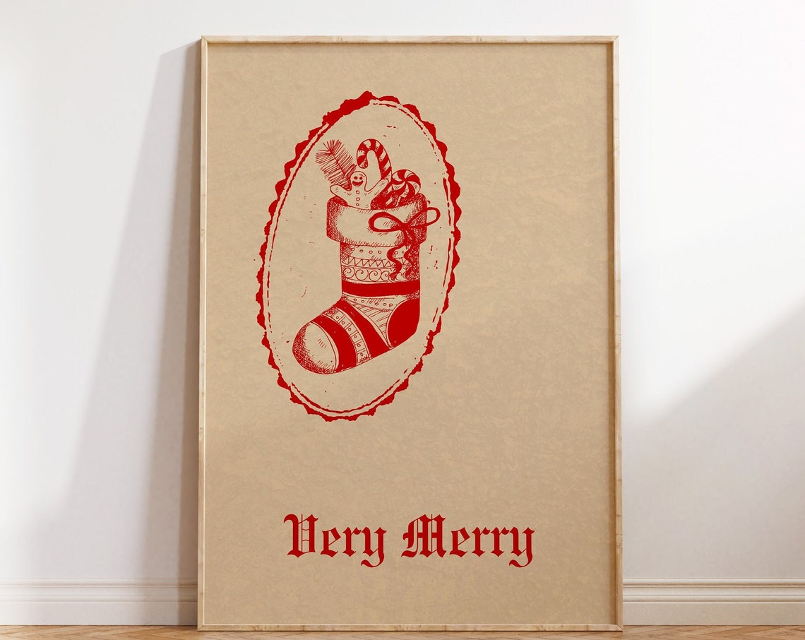 Very Merry Christmas Stocking Vintage Engraved Holiday Poster