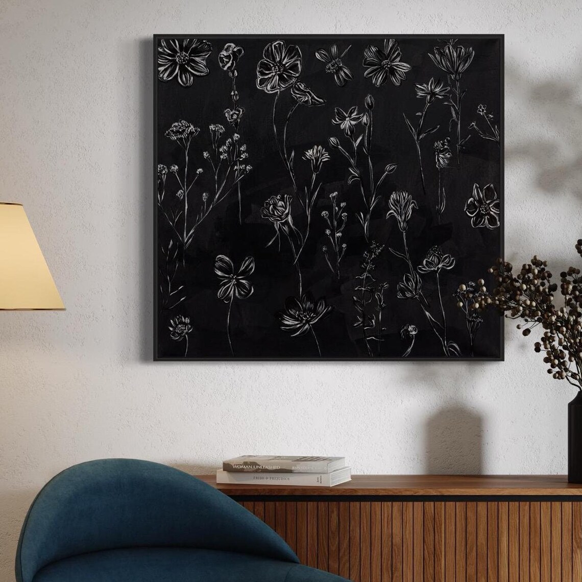 Midnight Garden Monochrome Floral Botanical Art Print - Image 5
