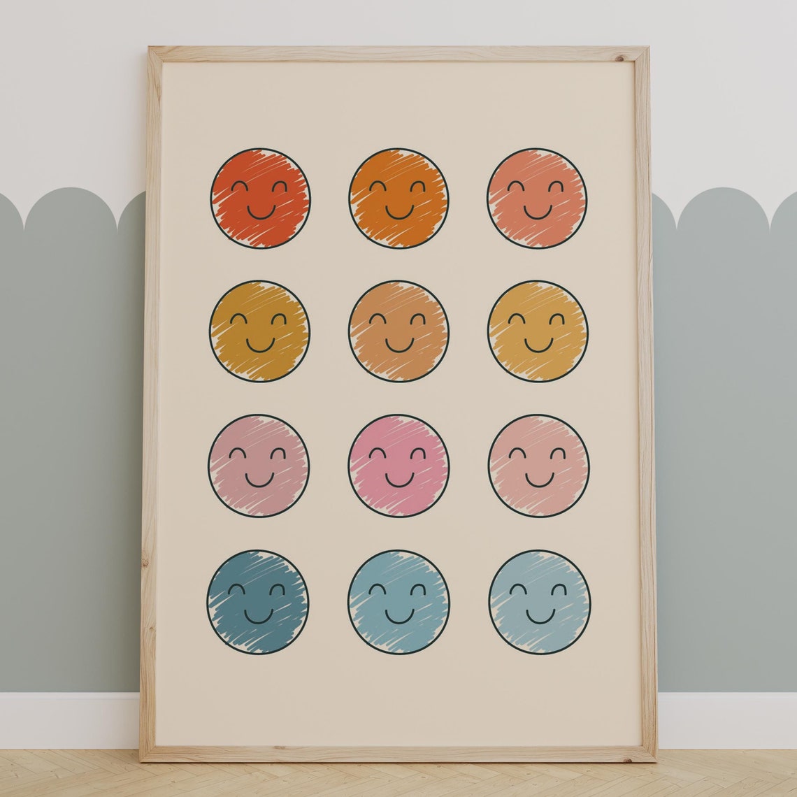 Twelve Colorful Scribbled Smiley Faces Cheerful Kids Grid Poster