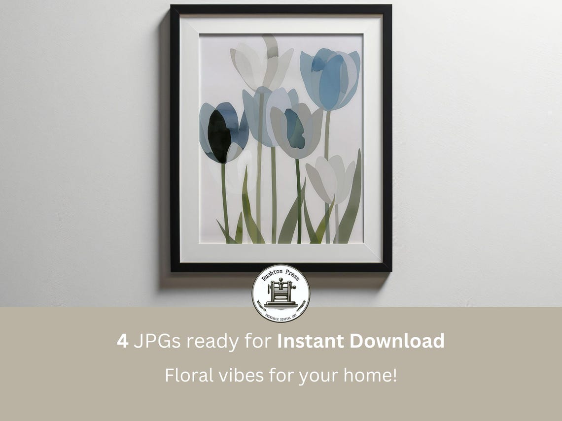 Blue and White Tulips Botanical Illustration Floral Art Poster