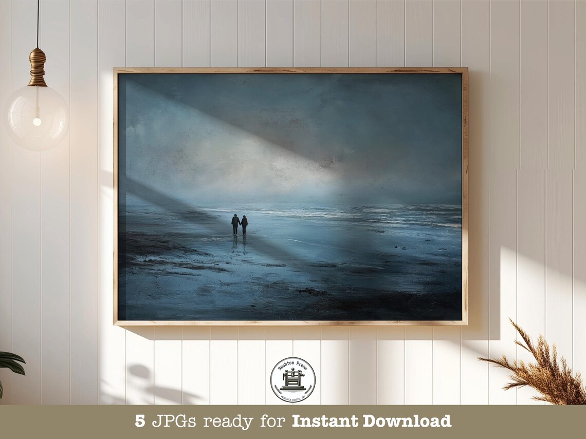 Moonlit Beach Couple Romantic Blue Seascape Night Art Poster