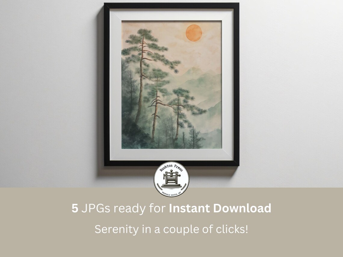 Japandi Misty Pine Forest Golden Sun Wabi Sabi Zen Landscape Art Poster