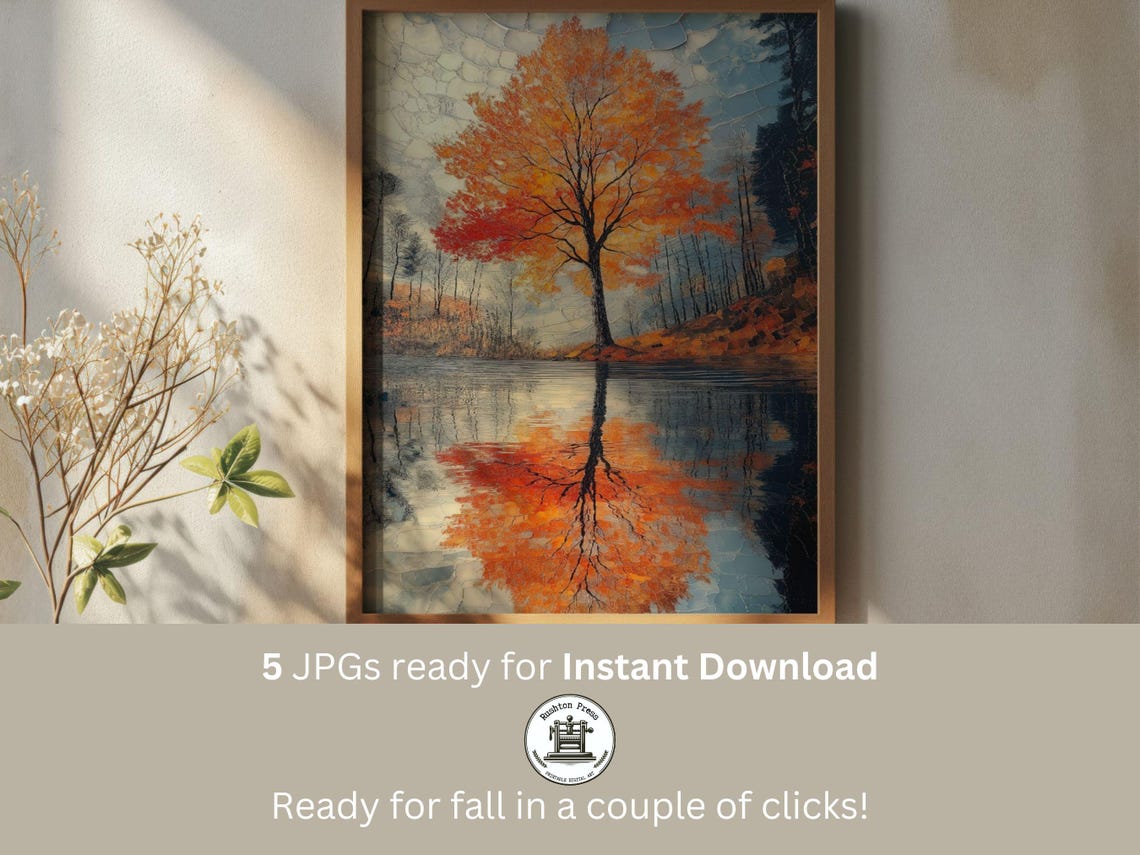 Lone Orange Autumn Tree Reflected in Still Lake Nature Poster