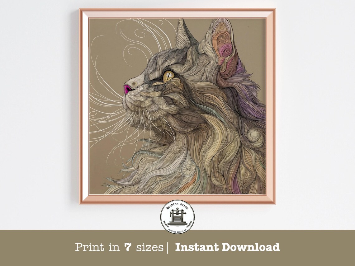 Art Nouveau Maine Coon Cat Art Print, Pet Portrait