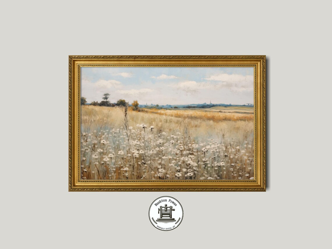 White Wildflower Meadow Painting Soft Country Landscape Print