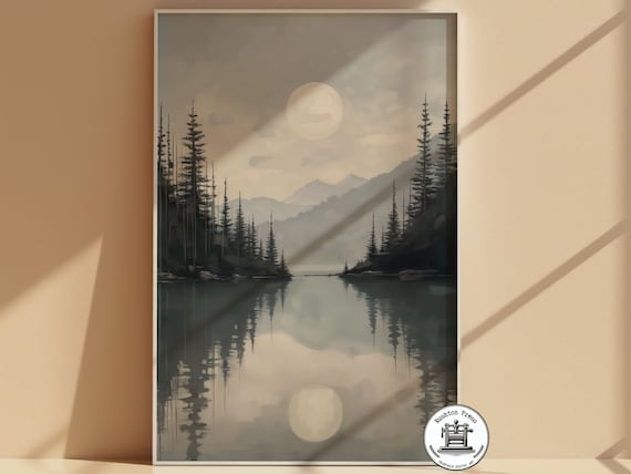 Misty Moon Lake Painting, Landscape Art Print