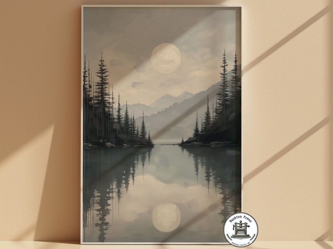 Misty Moon Lake Painting, Landscape Art Print