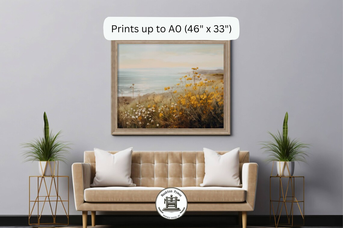Yellow Wildflower Coastal Cliff Ocean View Painting Wall Art