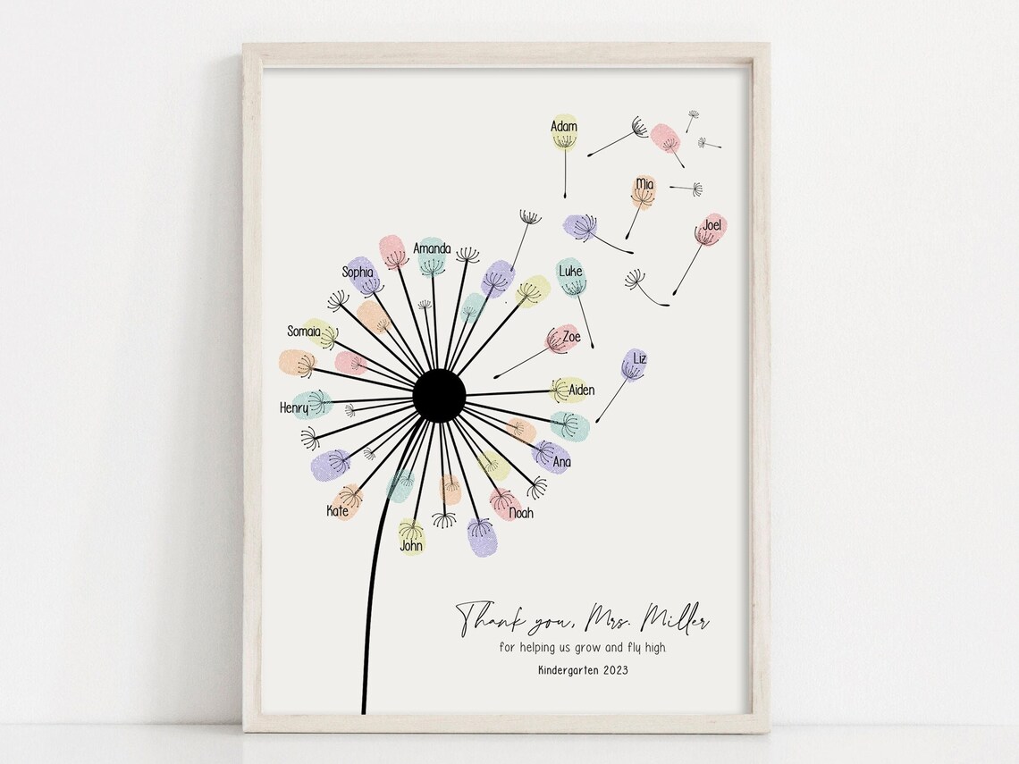 Personalized Thank You Teacher Fingerprint Dandelion Art Print
