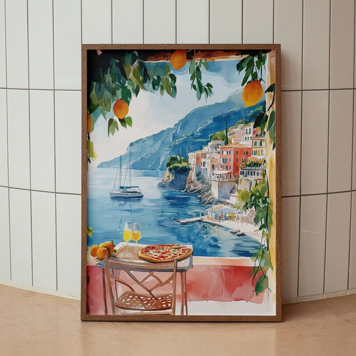 Amalfi Coast Terrace Pizza Sailboat Cliffside View Watercolor Poster