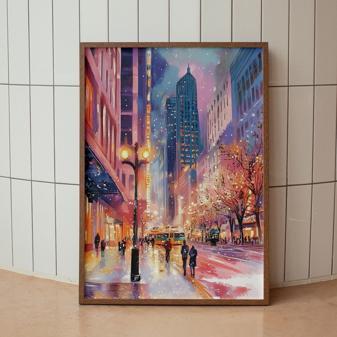 New York City Snowy Winter Night Street Lamp Bus Painting Poster