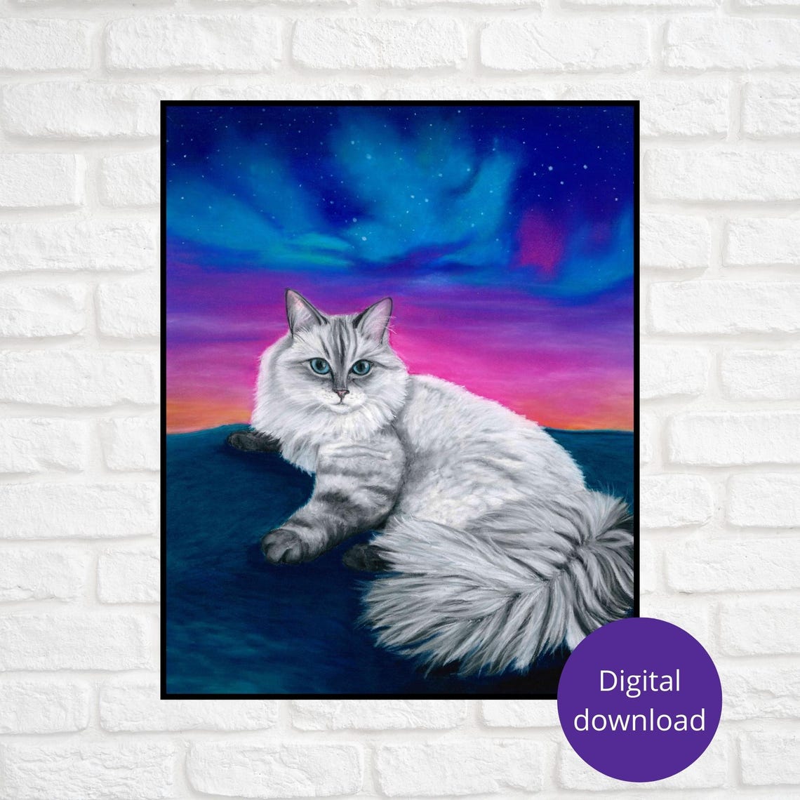 Fluffy White Cat Under a Colorful Starry Aurora Night Poster