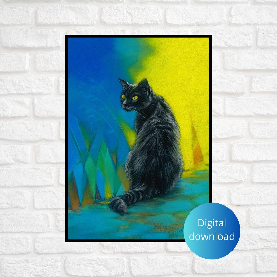 Black Cat With Yellow Eyes Surreal Colorful Background Poster