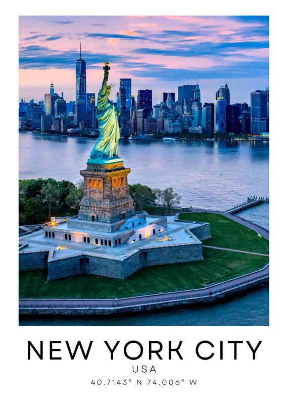 New York City Skyline Poster Featuring The Statue Of Liberty