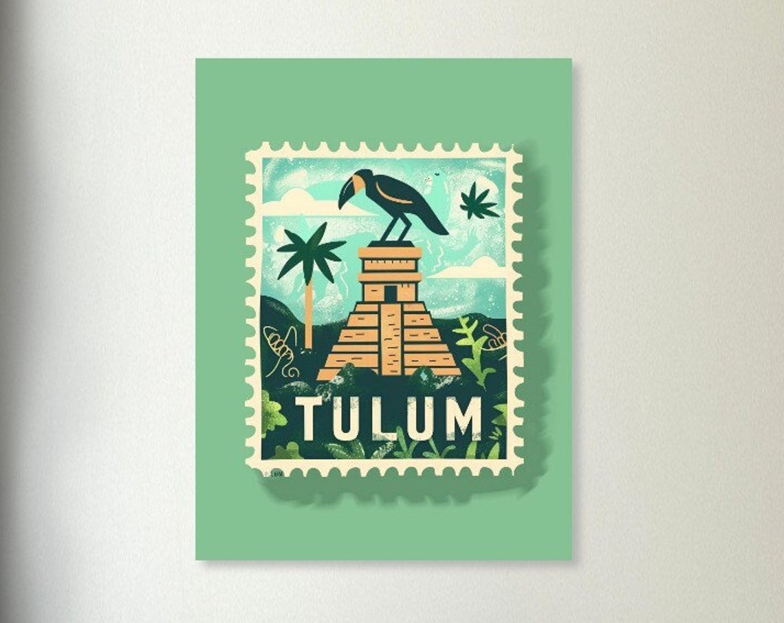Tulum Mexico Mayan Pyramid Toucan Retro Stamp Travel Art Poster