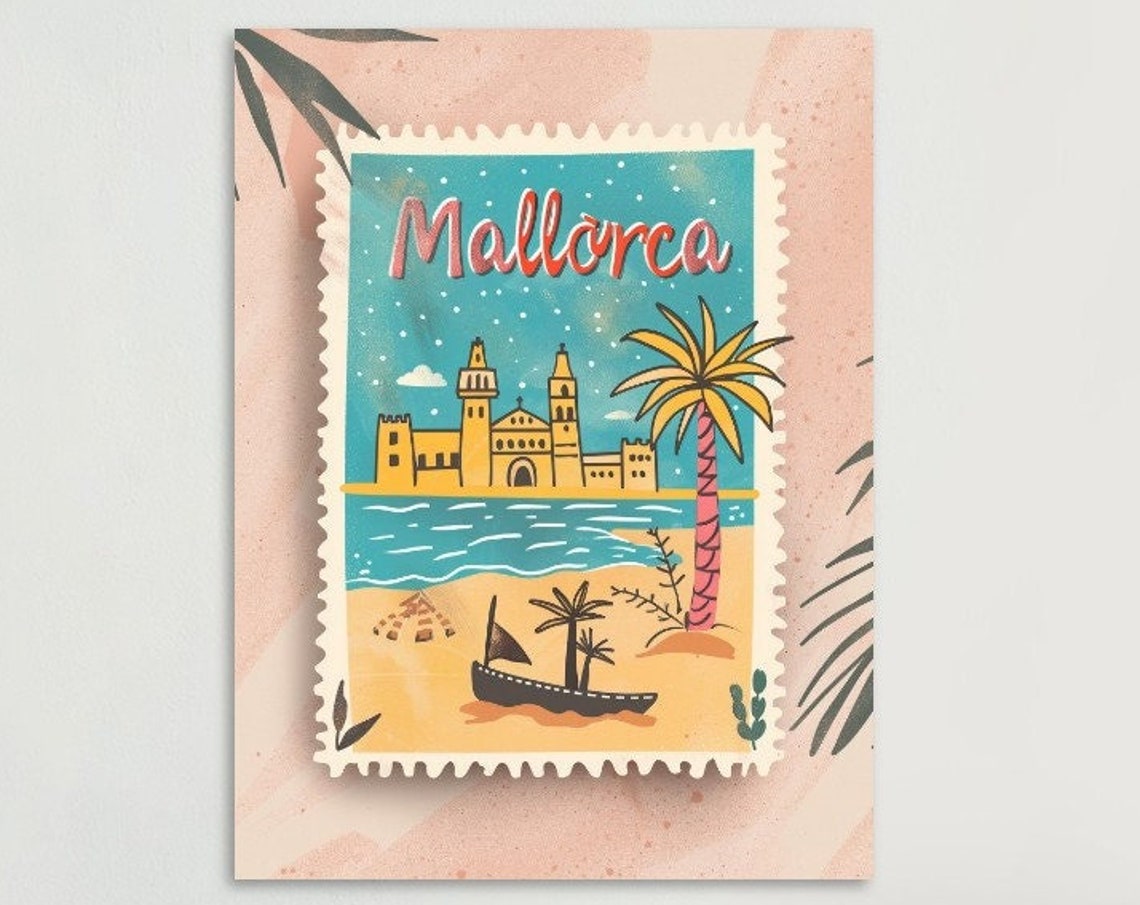 Mallorca Beach Cathedral Palm Trees Blush Vintage Stamp Travel Poster