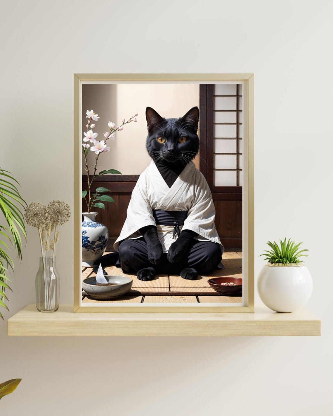 Black Cat Wearing Kimono Seated Zen Japanese Style Print Decor - Image 2
