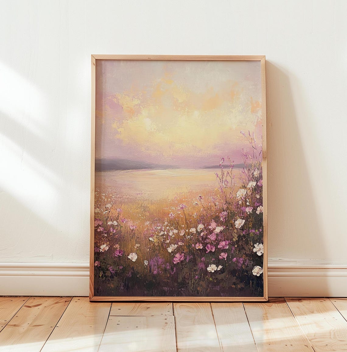 Wildflower Field Landscape Pink Flowers Pink Vintage Oil Painting Country Field Landscape Farmhouse Decor Meadow - Image 2