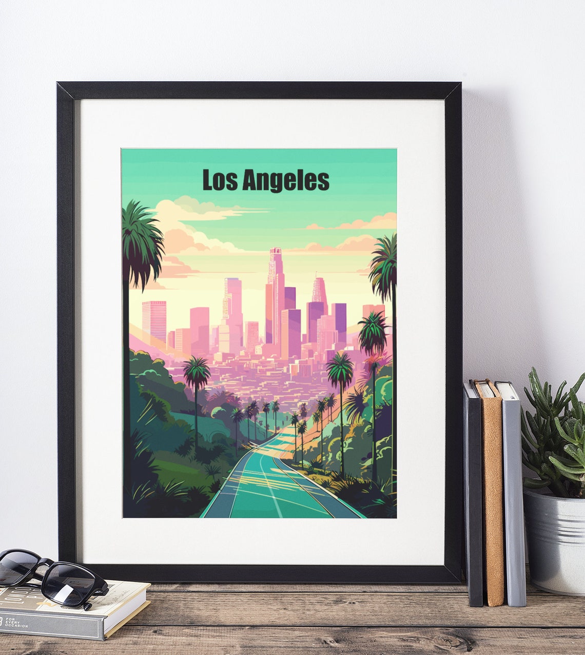Los Angeles Retro Travel Poster Palm Trees Downtown Skyline Sunset - Image 5