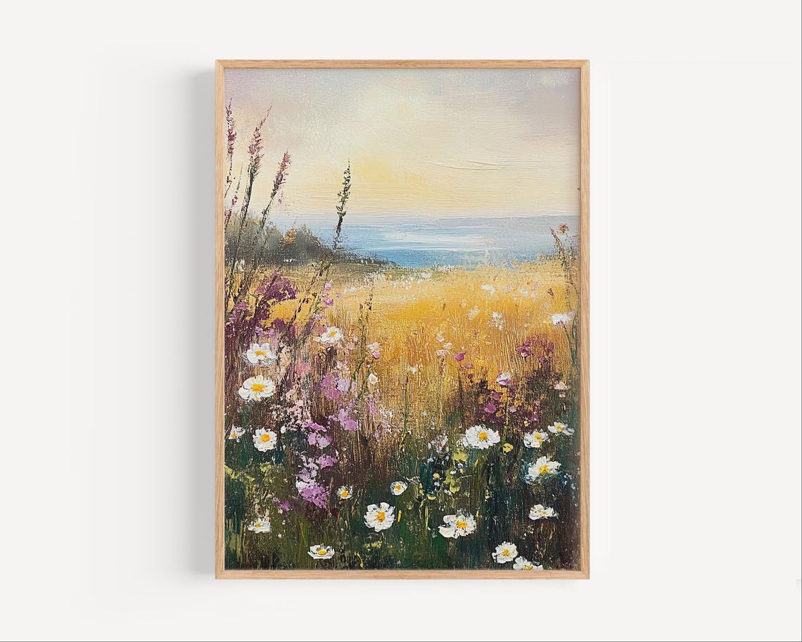 Wildflower Field Landscape Vintage Oil Painting Farmhouse Art Country Field Landscape Farmhouse Decor - Image 2