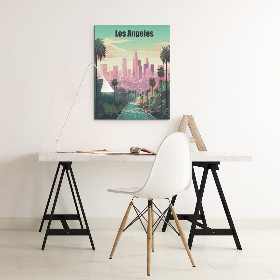 Los Angeles Retro Travel Poster Palm Trees Downtown Skyline Sunset - Image 3