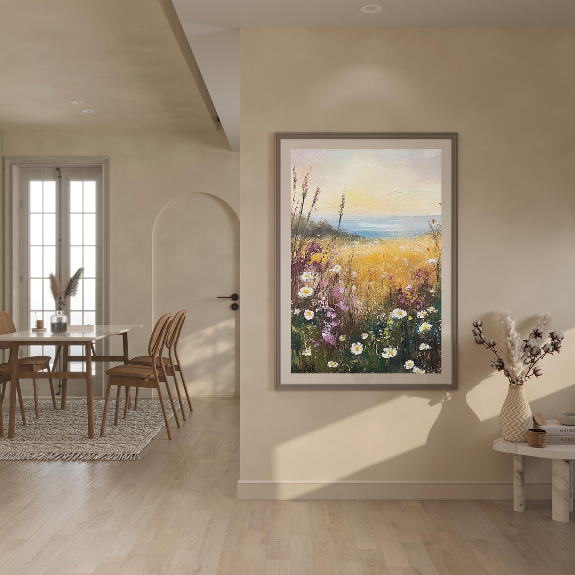 Daisy and Lavender Wildflower Meadow by the Sea Sunset Oil Poster - Image 3